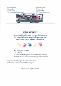 Mehr über den Artikel erfahren Einladung zum Abschlussfest und zur Verabschiedung der Vorschulkinder des Kindergartens und der Kinder der 4. Klasse Volksschule am 14. Juni 2019 um 17:00 Uhr