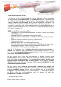 Mehr über den Artikel erfahren Das Burgenland testet! Massentest in Güssing im Zeitraum 13. bis 17. Jänner 2021
