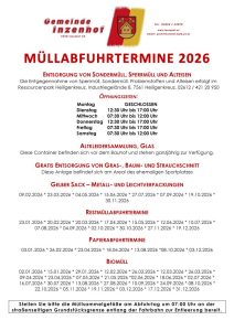 Mehr über den Artikel erfahren Müllabfuhrtermine Inzenhof 2026